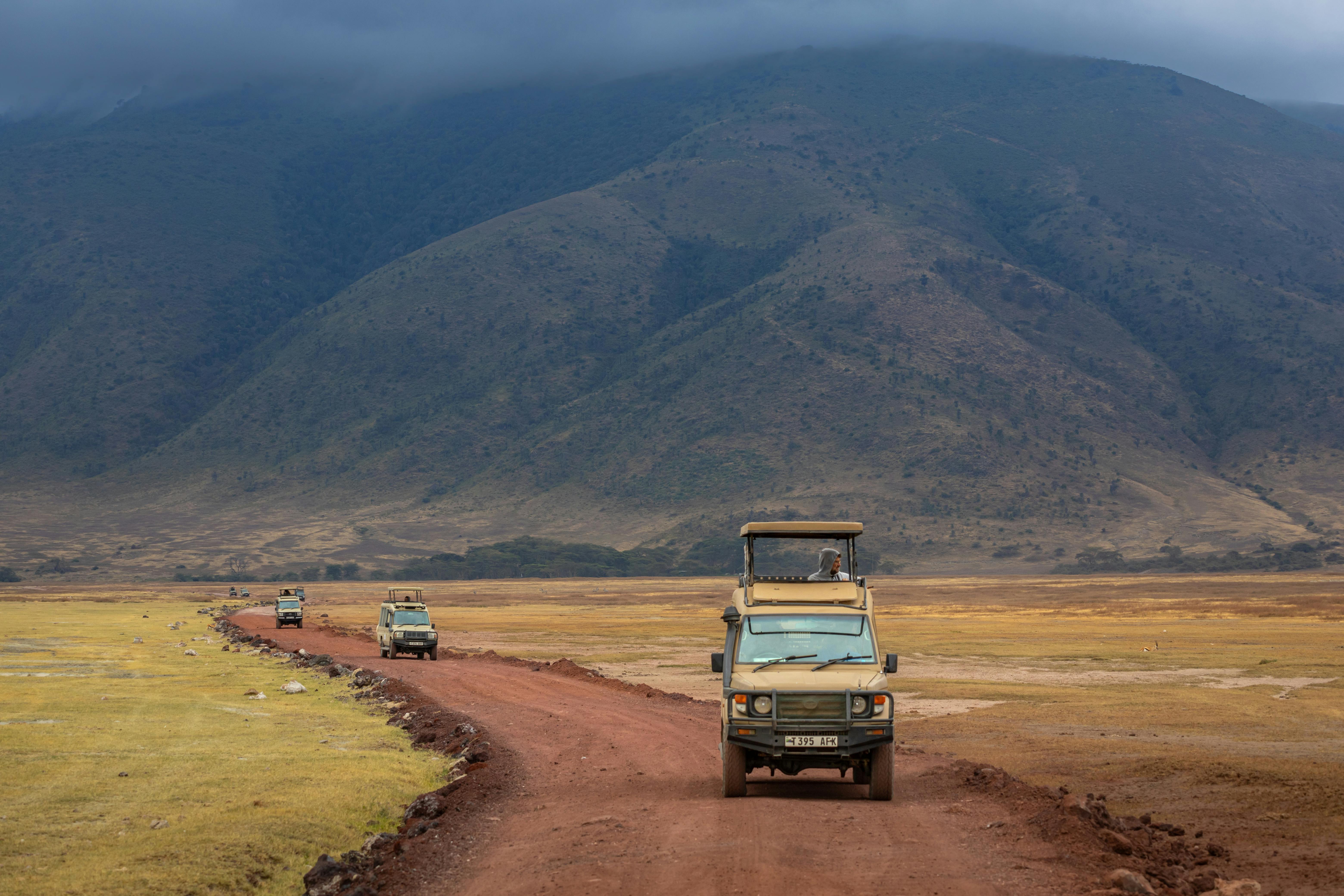 Safari Vehicles on Dusty Road in Ngorongoro Crater