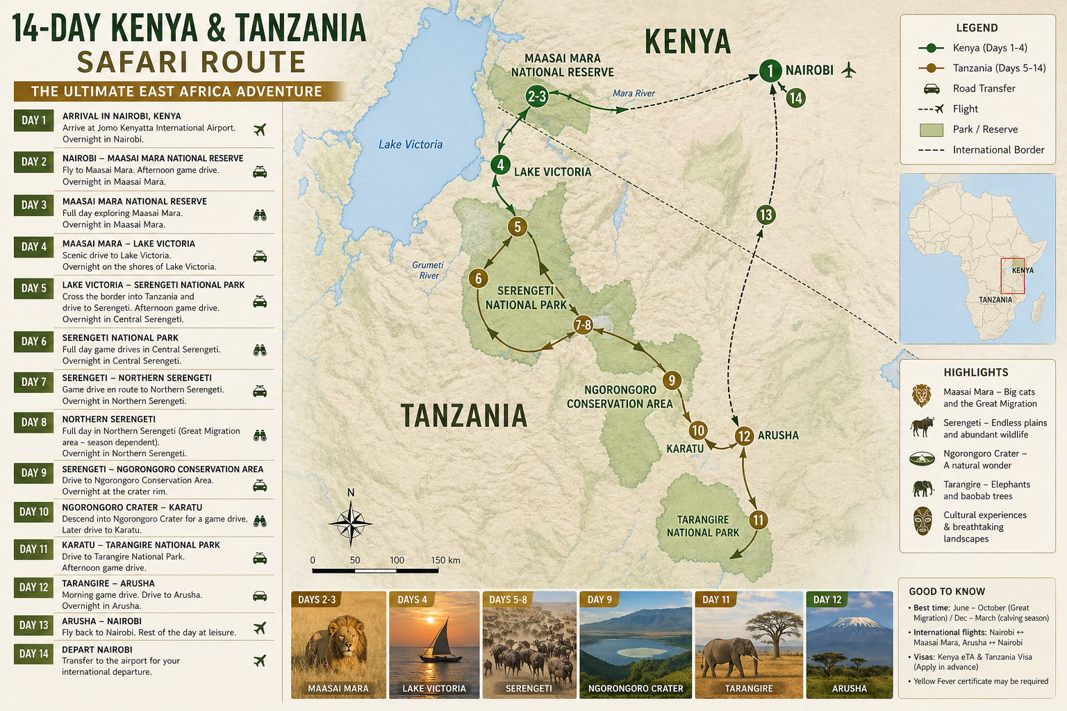 14-day combined Kenya Tanzania safari itinerary route map