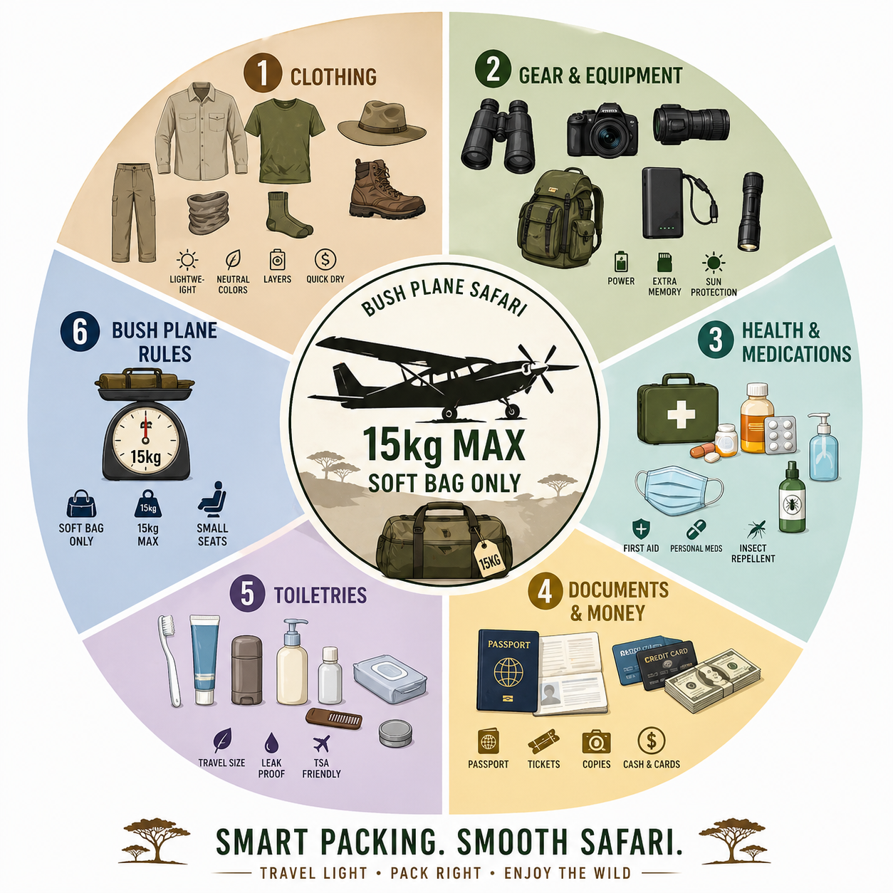 Kenya safari packing list infographic showing clothing gear health documents and bush plane luggage rules