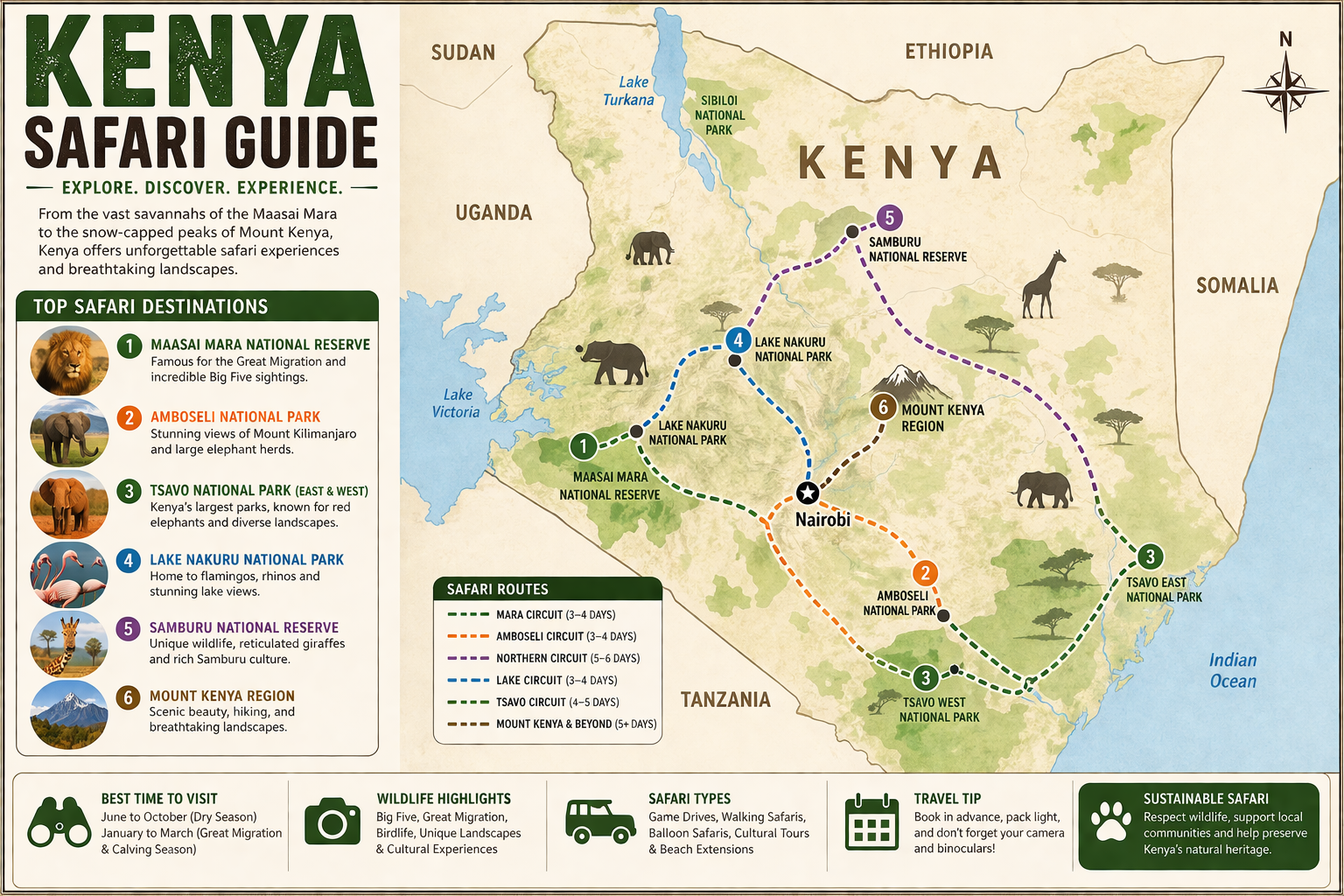 Kenya Safari Guide map infographic showing top safari destinations, wildlife routes, Maasai Mara, Amboseli, Tsavo, Samburu, Lake Nakuru, and Kenya travel circuits