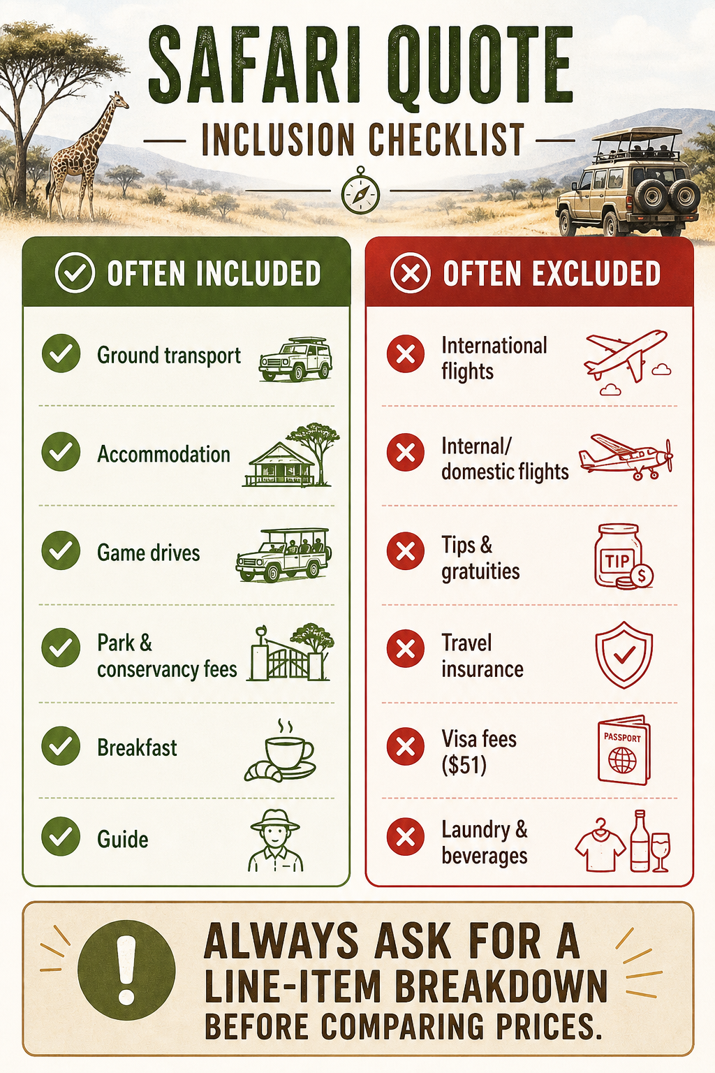 Kenya safari quote inclusion checklist showing what is commonly included vs excluded in safari packages