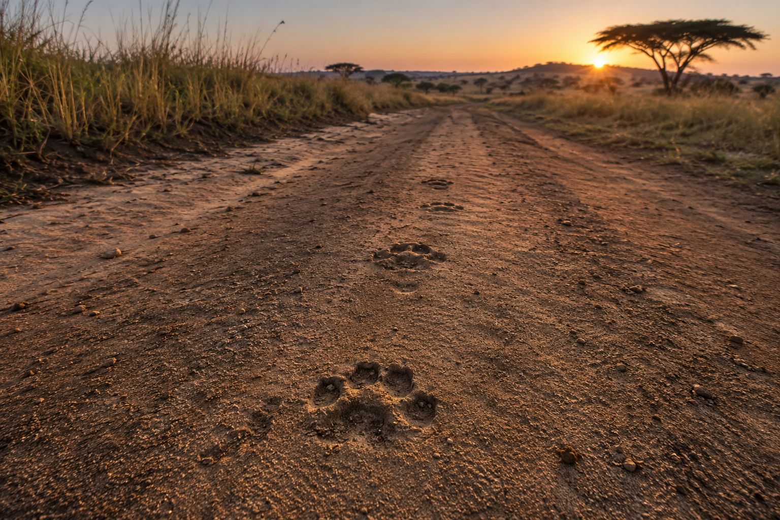 Fresh lion tracks on Maasai Mara departure road early morning