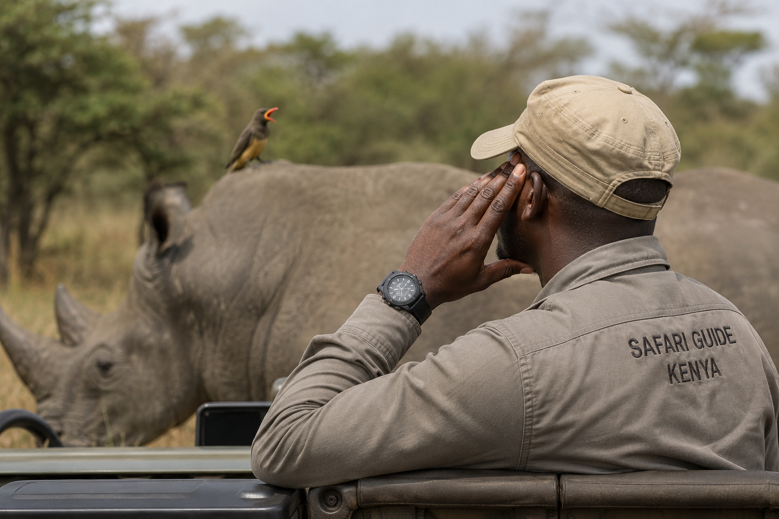 Red-billed oxpecker alarm call safari guide listening Kenya
