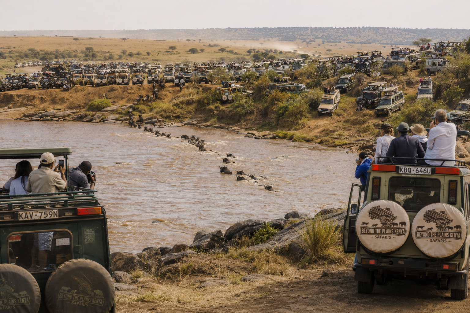 #2: Wide shot of Mara river crossing with many vehicles &mdash; shows crowd reality