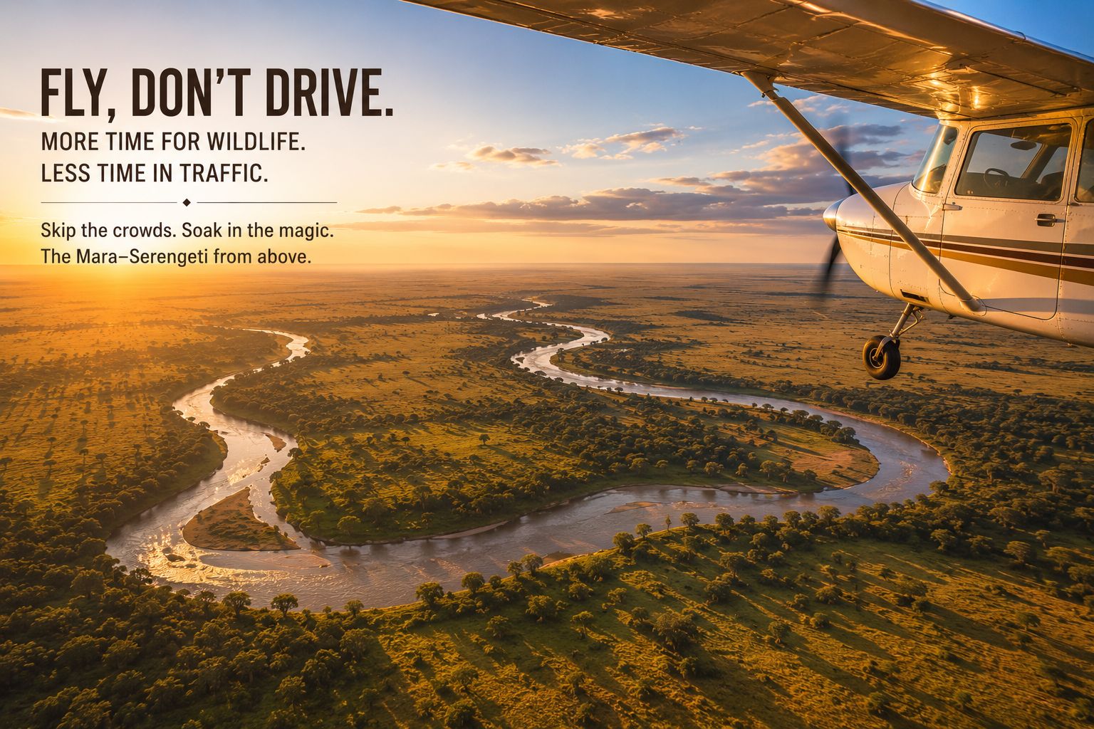 Aerial view of the Mara&ndash;Serengeti at sunrise from a small safari plane, showing a winding river through golden savannah with the text &ldquo;Fly, Don&rsquo;t Drive&rdquo; promoting scenic flights for faster access to wildlife experiences.