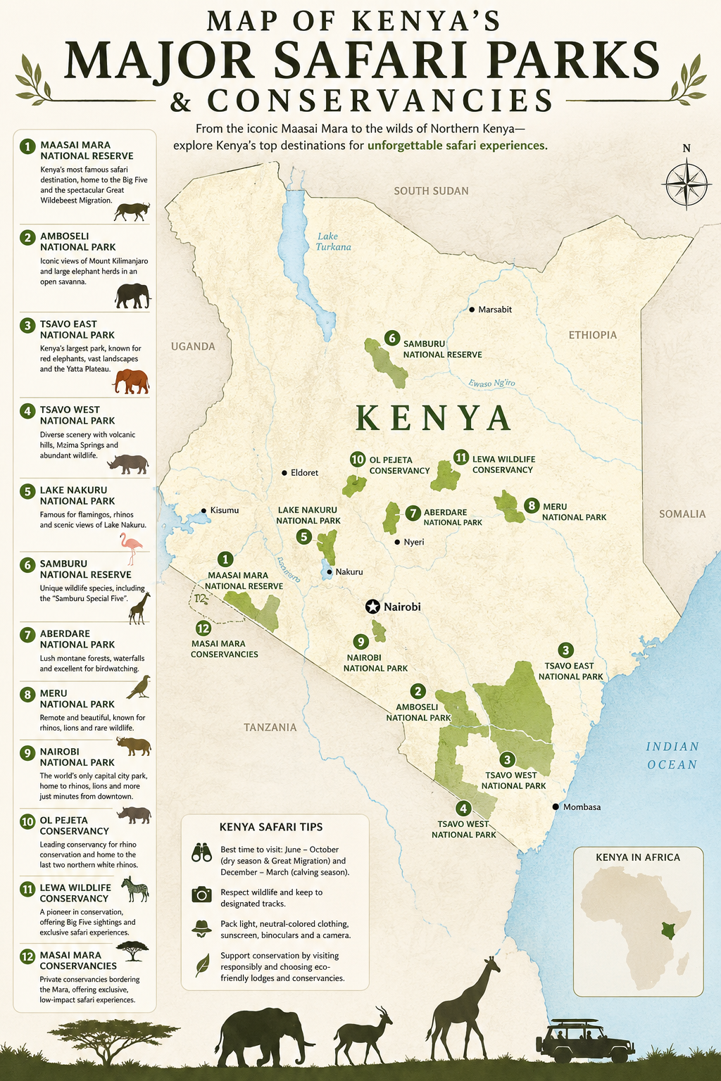 Map of Kenya safari destinations including Masai Mara, Amboseli, Samburu, and Tsavo