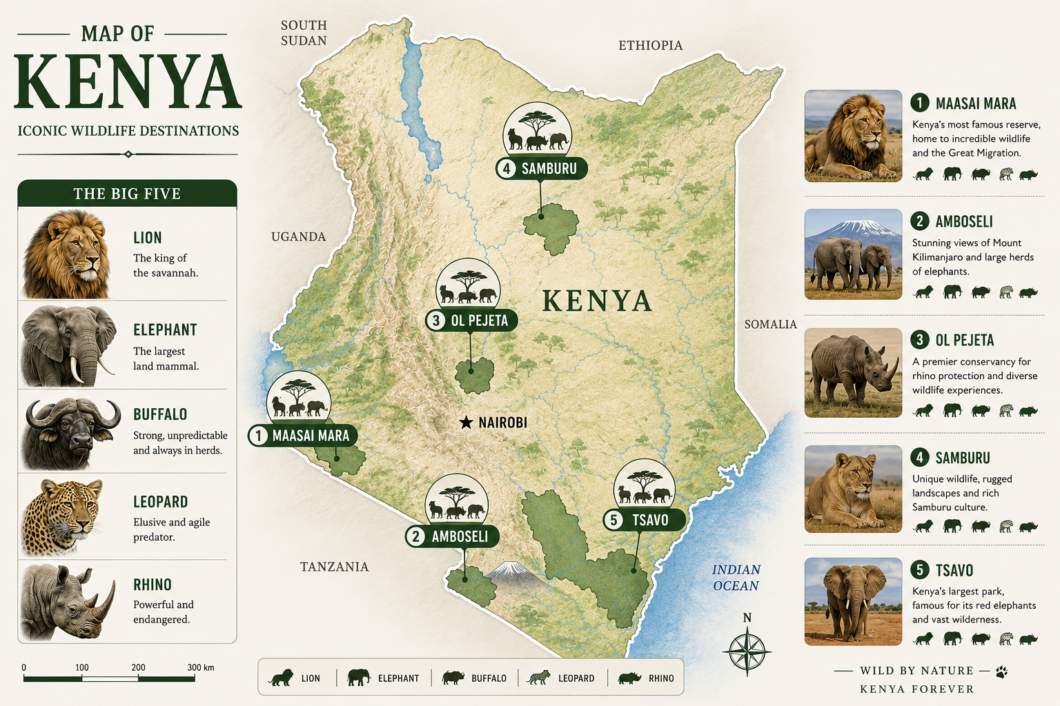 Kenya safari parks Big Five map showing best locations for each animal