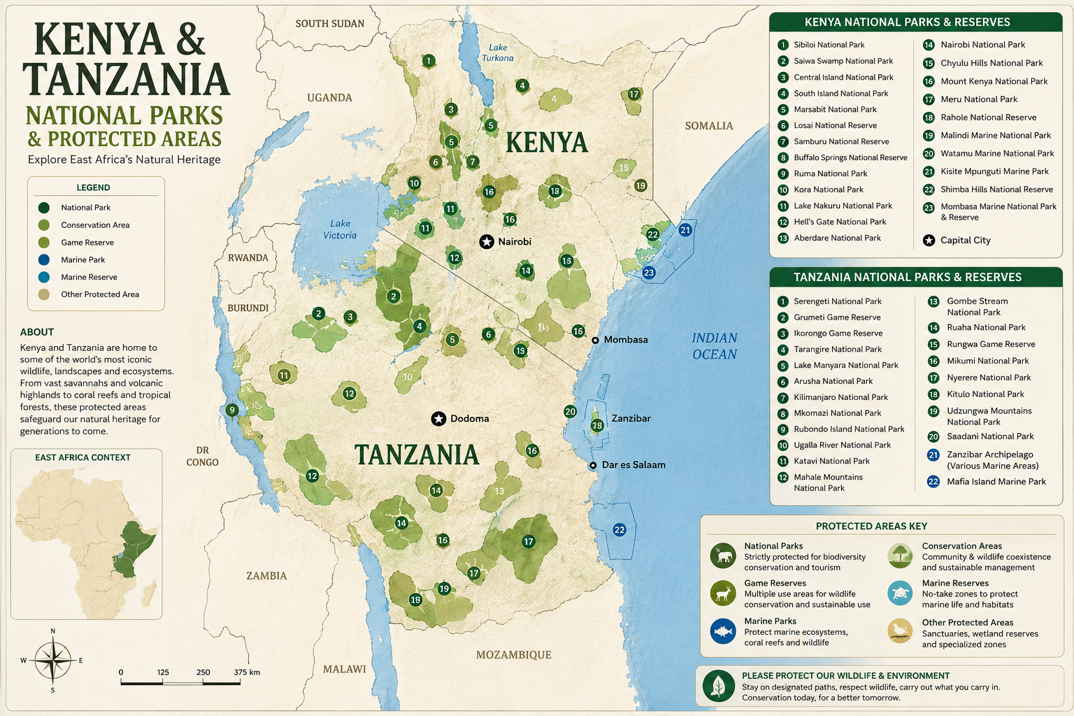 map of Kenya and Tanzania highlighting major national parks, reserves, and protected areas with labeled locations, color-coded conservation zones, key landmarks, and surrounding East African geography