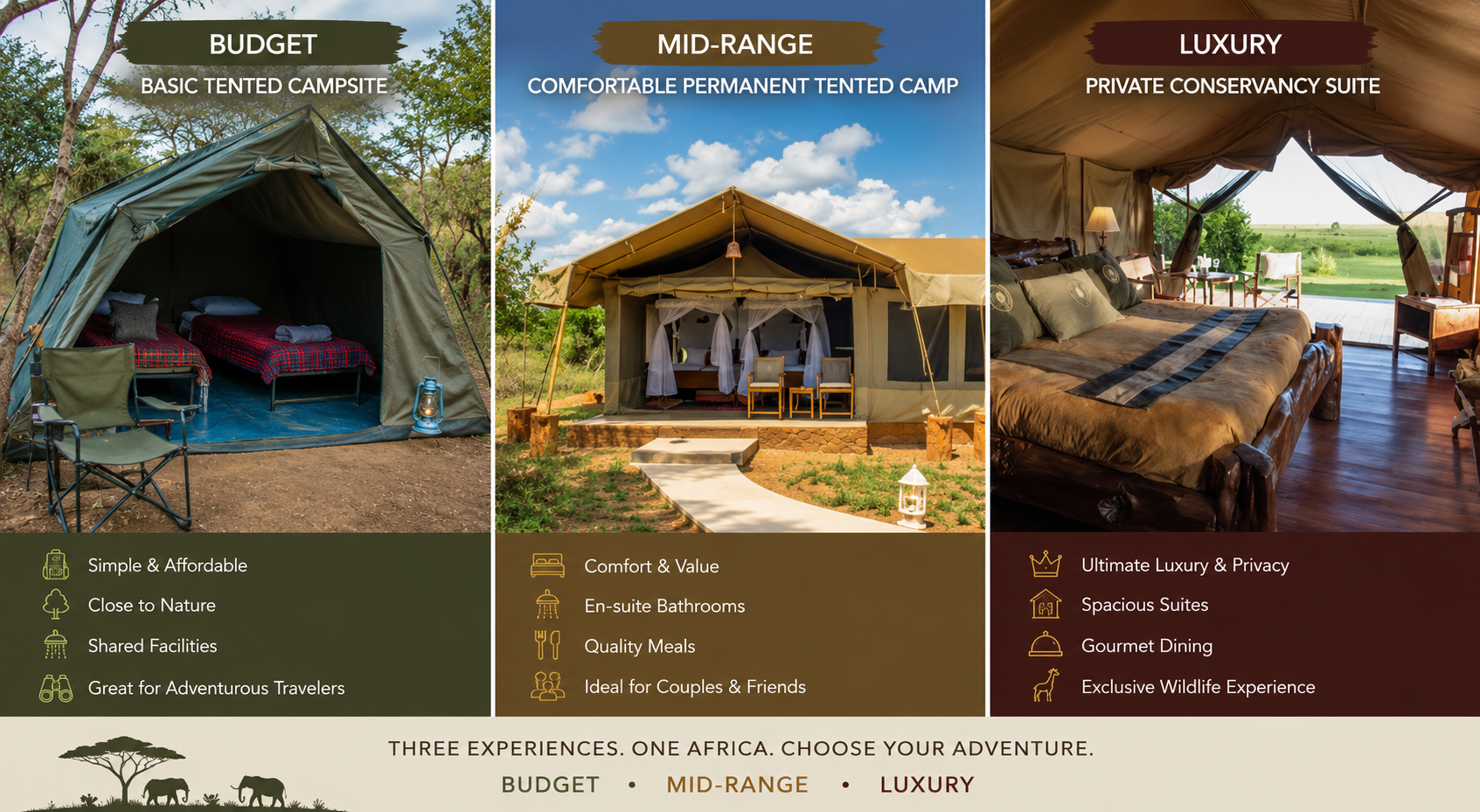 Kenya safari accommodation tiers — budget campsite, mid-range tented camp, and luxury private conservancy camp compared