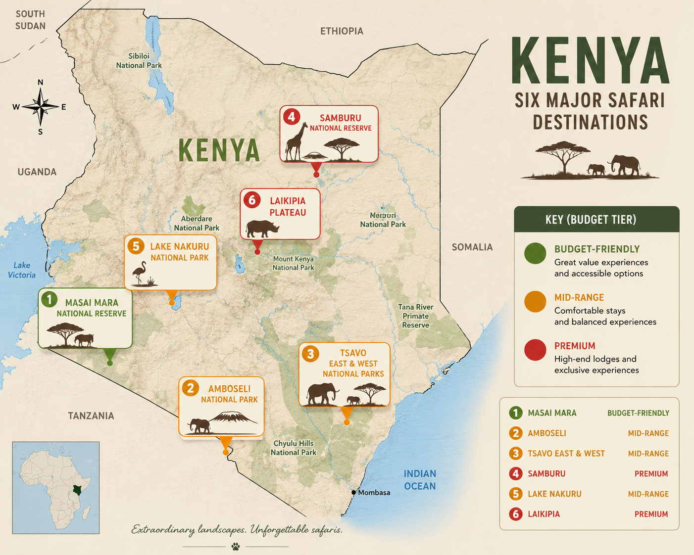 Kenya safari destinations map showing Masai Mara, Amboseli, Tsavo, Samburu, Lake Nakuru and Laikipia by budget tier