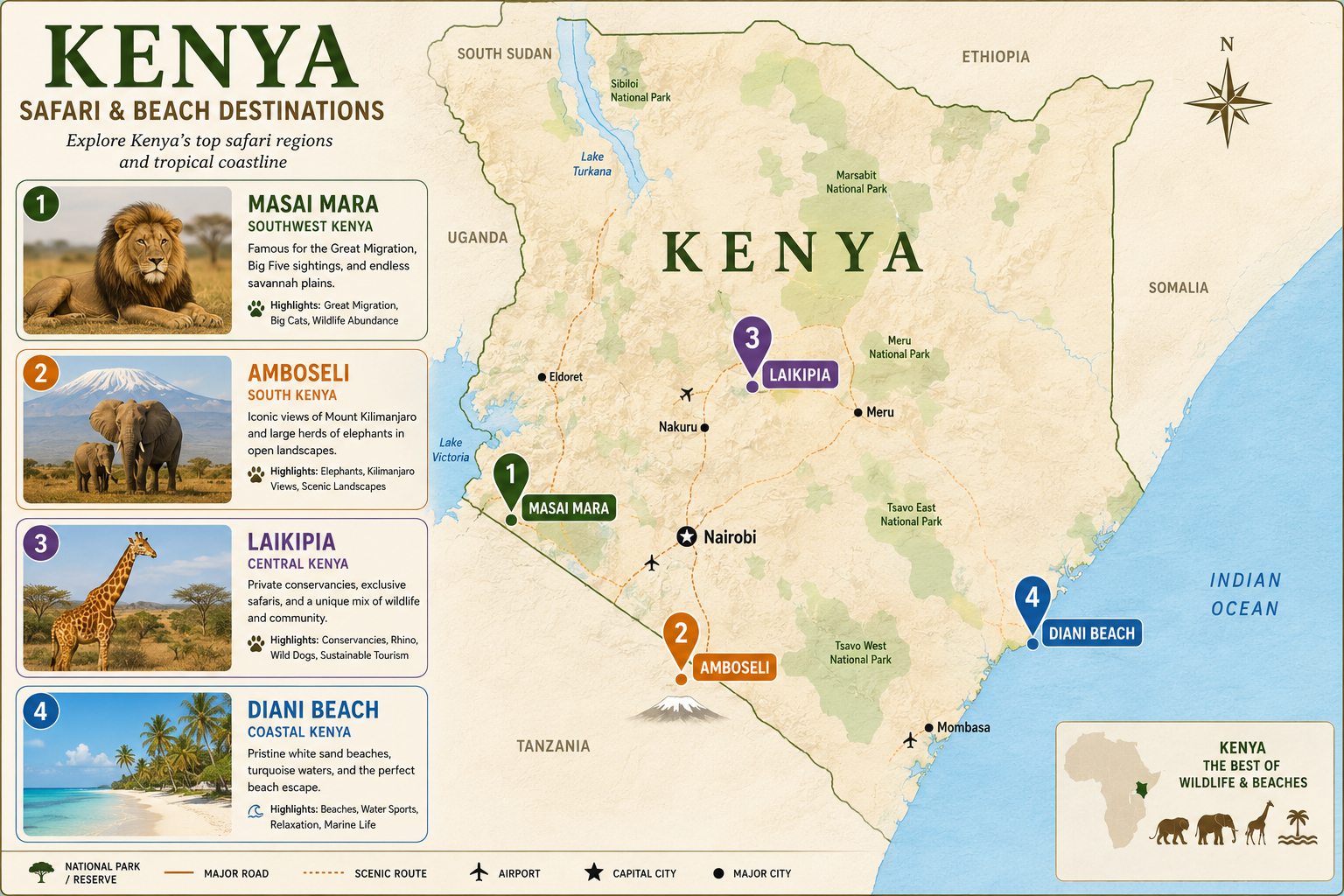 Kenya safari destinations map Great Migration Masai Mara Amboseli Laikipia