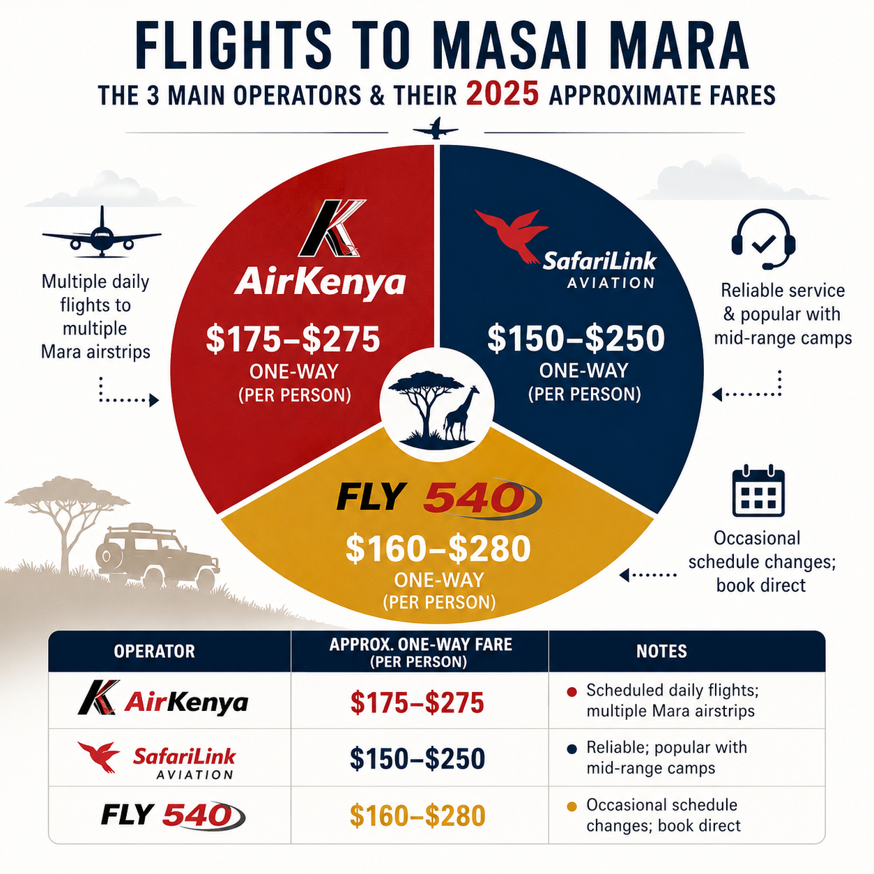 The three main operators and their approximate fares
