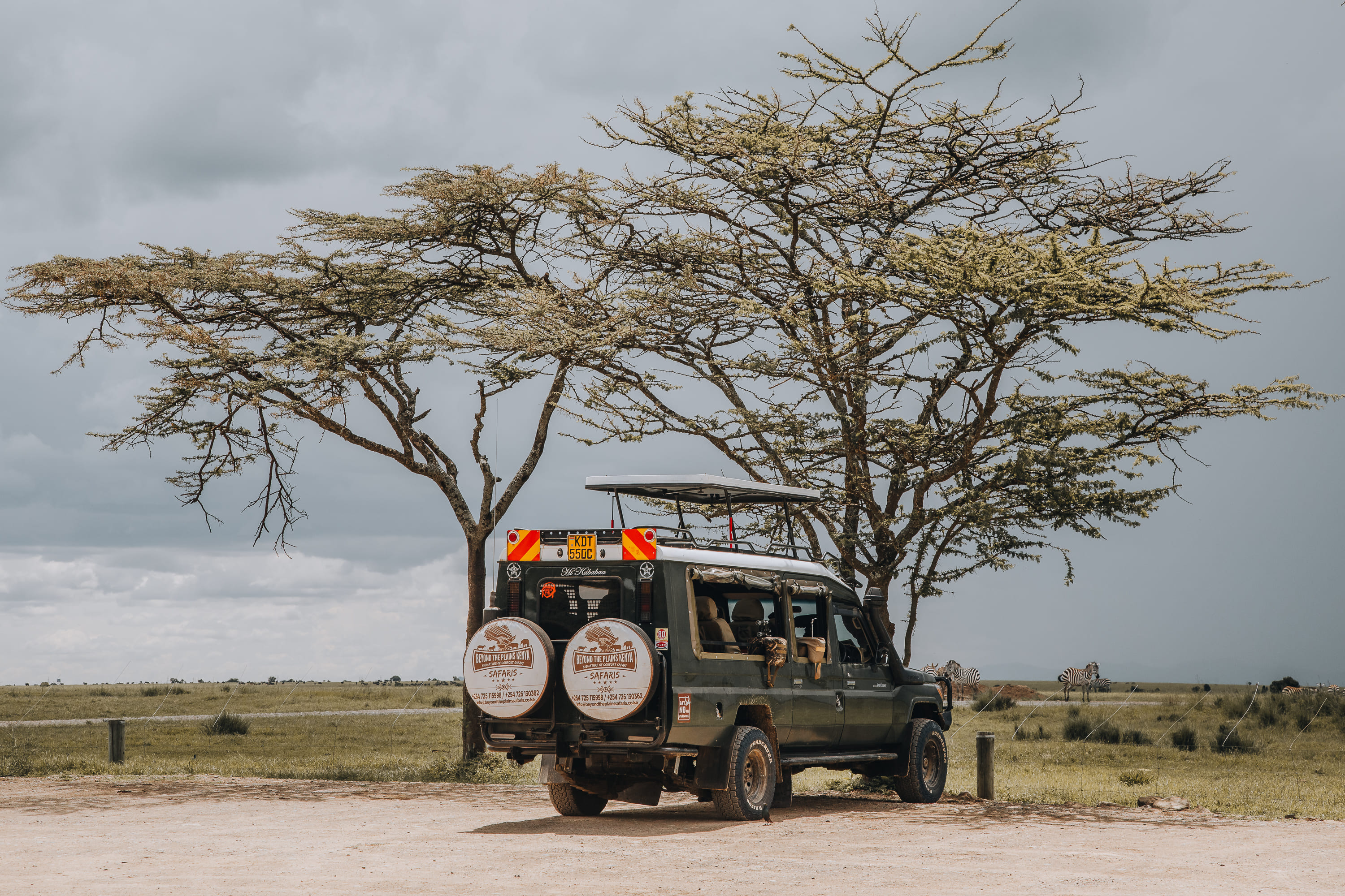 Beyond the Plains Safaris 4x4 game drive vehicle parked under acacia trees on the Kenyan savannah, with zebras grazing in the background