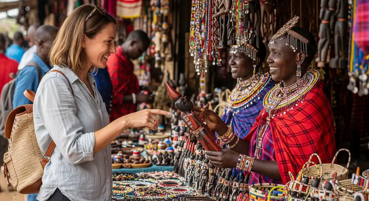 Tourist shopping for handmade crafts and beadwork at Nairobi Maasai Market Kenya