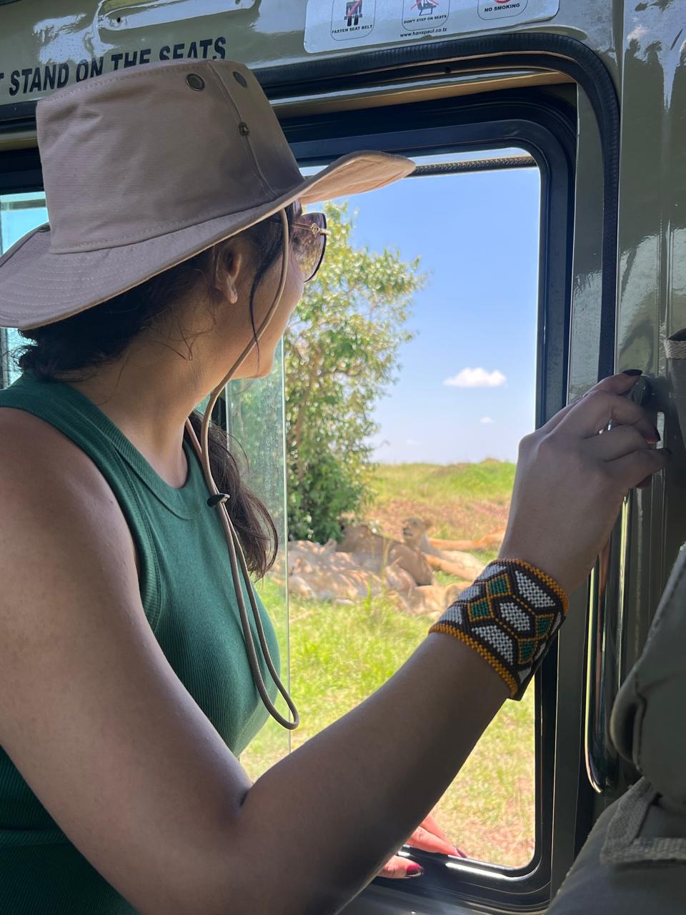 Safari guest watching lions up close through a game drive vehicle window in Kenya