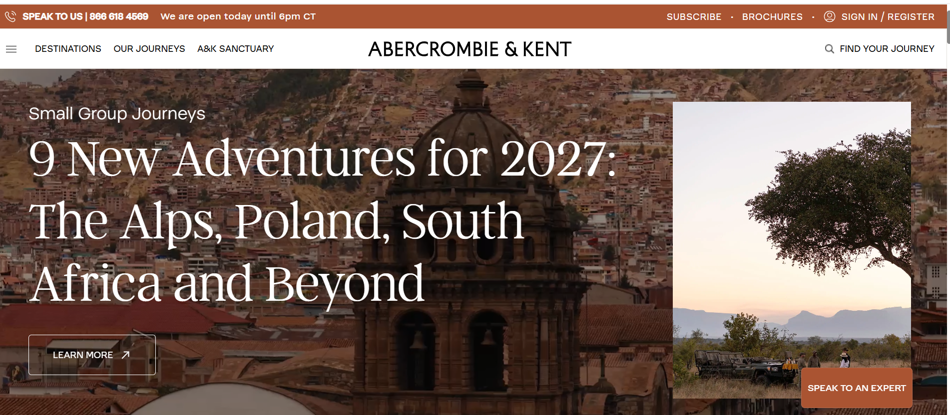Screenshot of the Abercrombie & Kent homepage highlighting its 2027 small group travel experiences and luxury safari offerings.