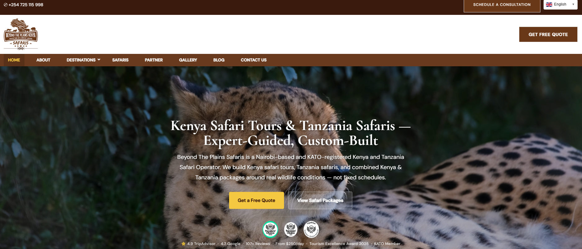 Beyond the Plains Kenya Safaris homepage showcasing expert-guided Kenya and Tanzania safari tours, featuring a cheetah hero image, safari packages, and free quote options.