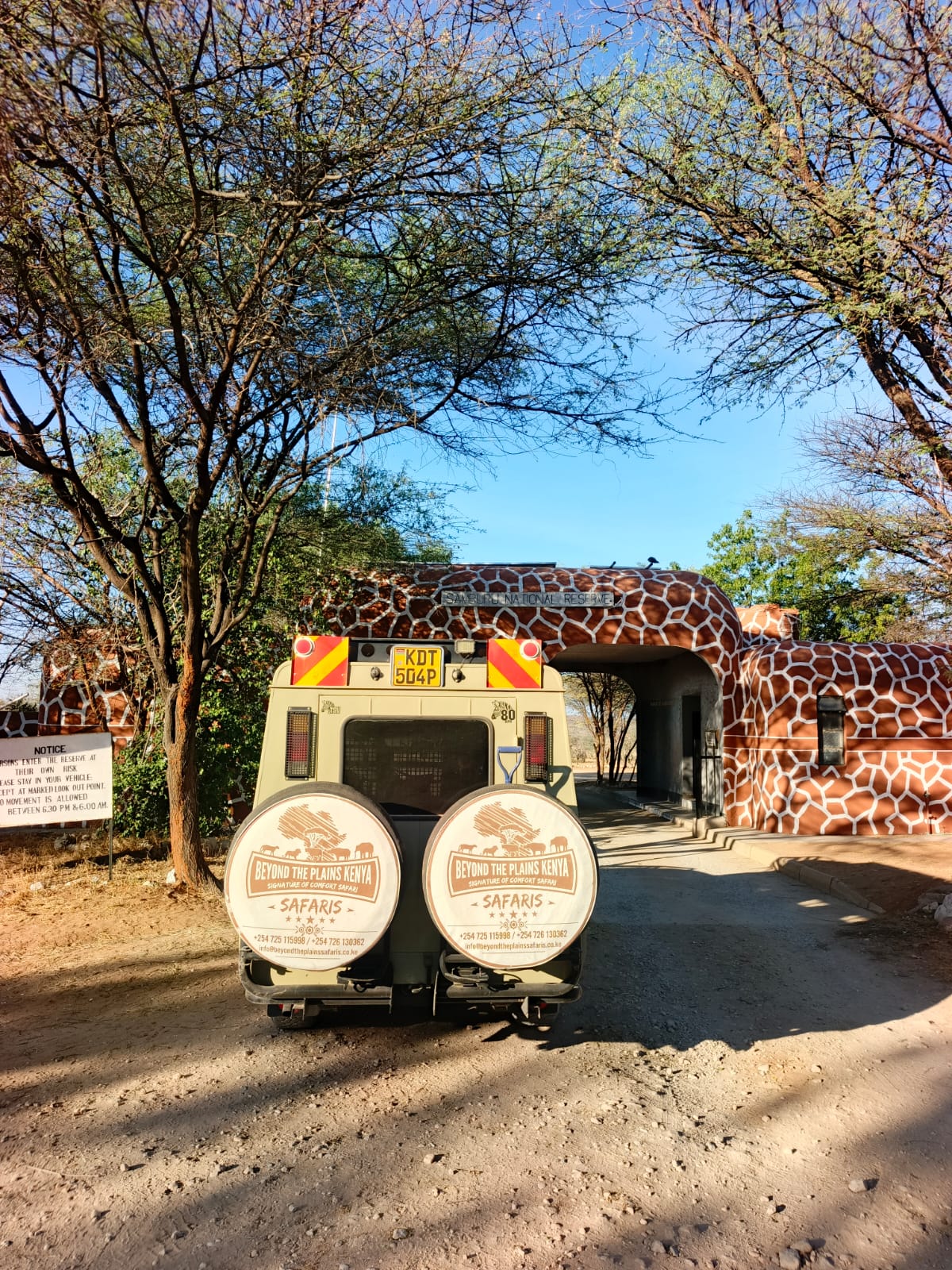 Beyond the Plains Kenya safari vehicle entering Samburu National Reserve gate, Kenya