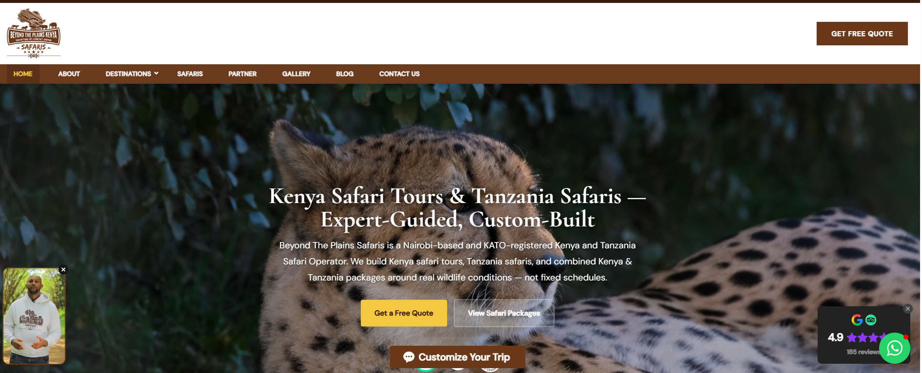 Homepage of Beyond The Plains Kenya Safaris featuring a cheetah background image, navigation menu, and buttons to get a free quote, view safari packages, and customize a trip.