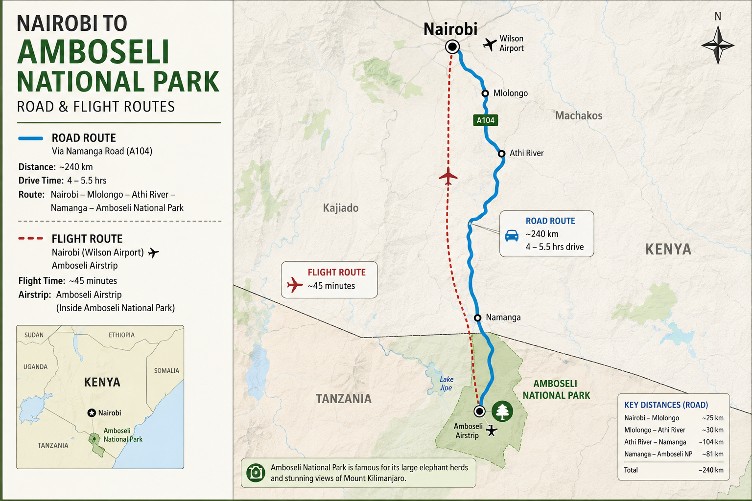 Nairobi to Amboseli route map for safari planning