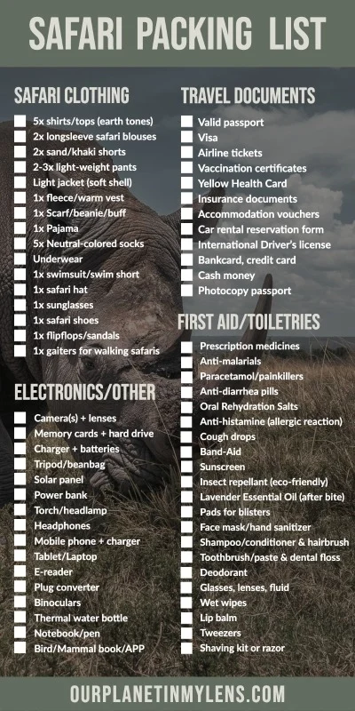 Safari packing checklist with clothing, travel documents, electronics, and first aid items for an African safari trip.