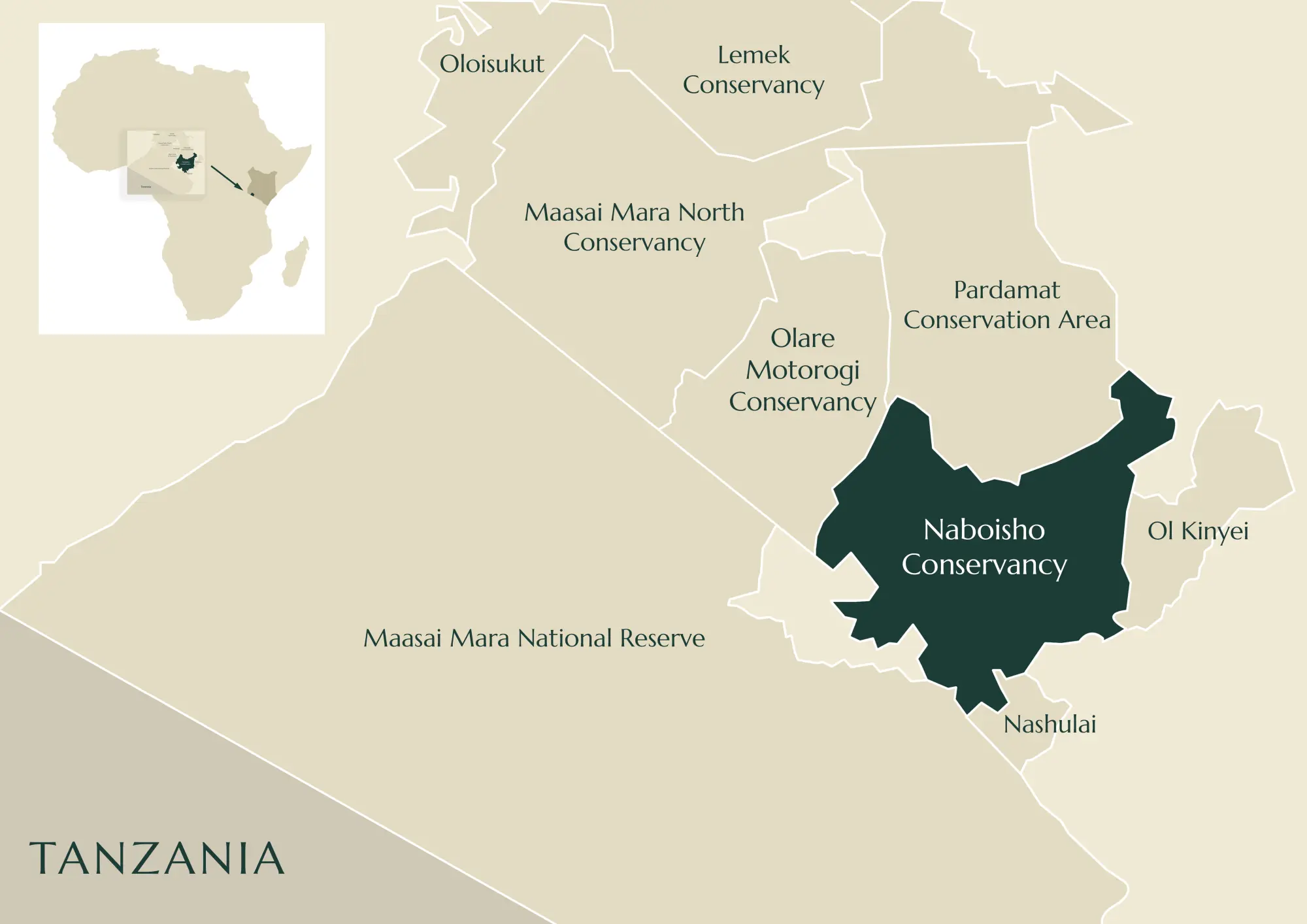Map highlighting Naboisho Conservancy within the Maasai Mara ecosystem near Tanzania and surrounding conservancies.