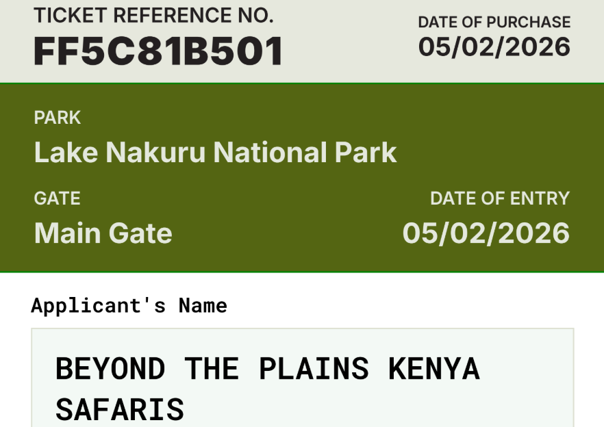 Lake Nakuru park ticket issued to Beyond the plains safaris