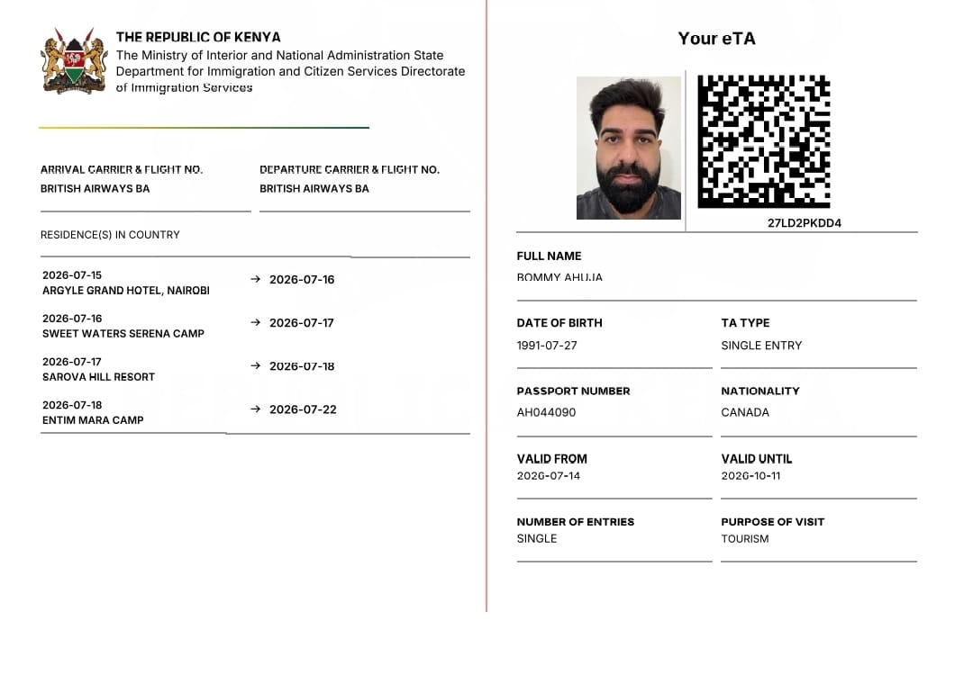 Sample approved Kenya eTA document with QR code and travel details